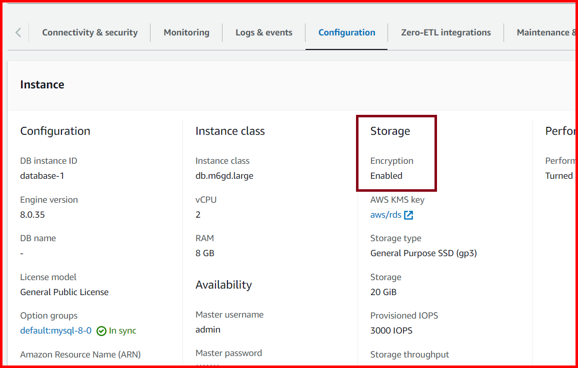 Picture showing the encryption enabled in newly created RDS instance